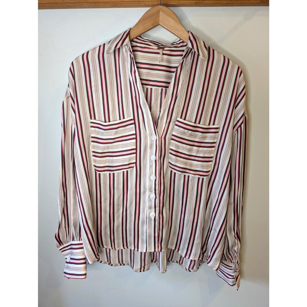 Free People Mad About You Striped Button Down Blouse Burgundy Cream Silky XS